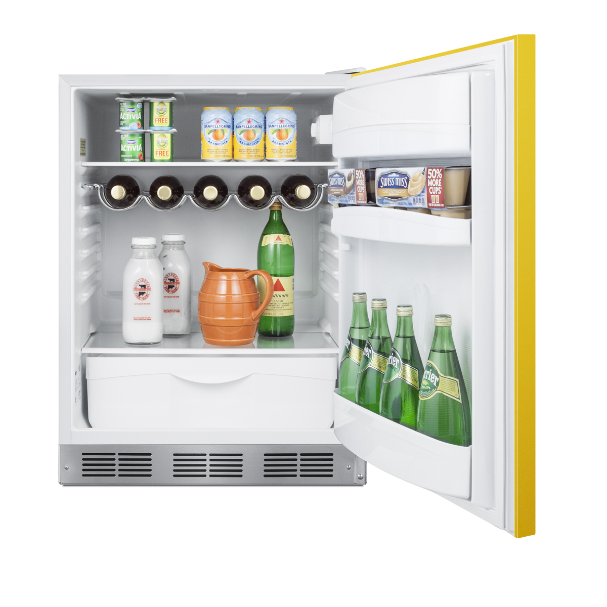 24 in. wide ADA height all-refrigerator for residential use, auto defrost with a saffron gold door, stainless steel handle, and white cabinet